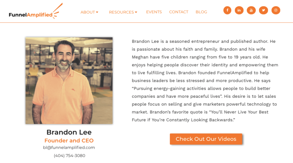 a screenshot of brandon lee ceo of funnel amplified's brand-hub